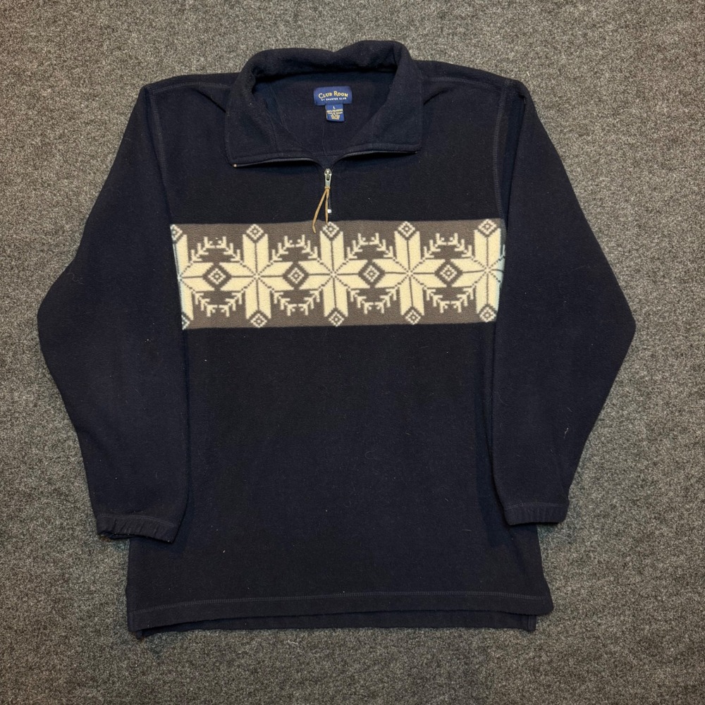 Club Room Mens Navy Blue Fair Isle Snowflake Quarter Zip Fleece Pullover Large